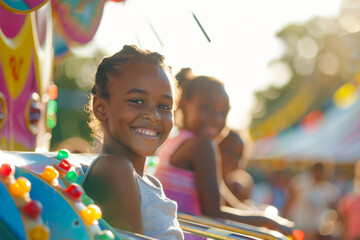 a family enjoying a sunny day at a local fair, with rides, games, and happy faces, highlighting fun outings and family bonding.
