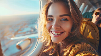 Smiling passenger enjoy flight. Airplane transportation. Female traveler trip.Generative AI