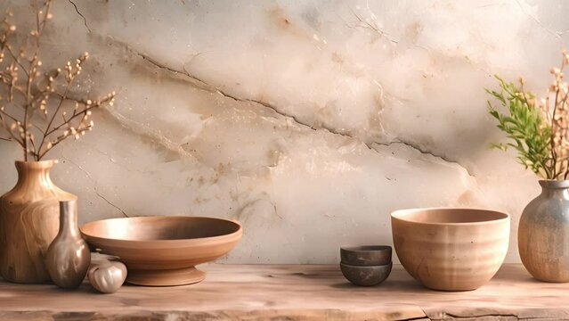 Various bowls and vases are arranged on top of a wooden table.