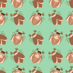 Seamless pattern of may bug, chafer on a green background. Vector illustration