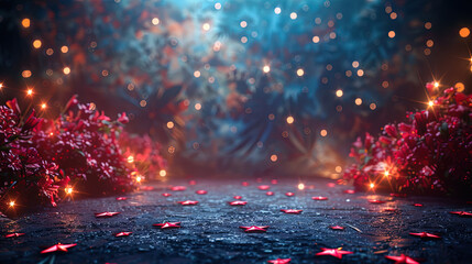 Abstract background for Memorial Day with red flowers and stars. AI generated