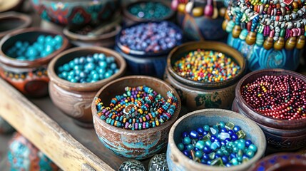 Fototapeta premium Assorted beads and handcrafted items in a container Crafting with embroidery and beadwork Handmade creations