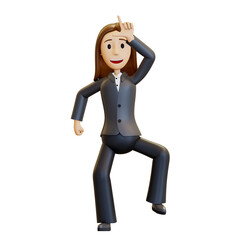 3d woman. An angry office worker jumps for joy and laughs at the losers. A businesswoman in a suit shows that his colleagues are losers. 3D rendering, illustration in cartoon style, isolated.