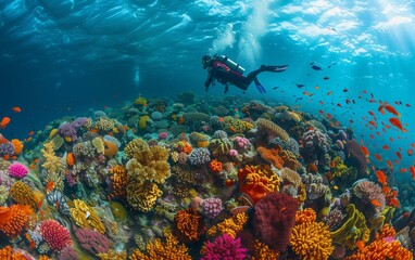 Vibrant coral reef teeming with marine life and a diver