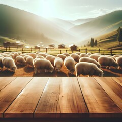 Obraz premium Empty wooden table top with blurred sheep farm and daylight background.