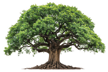 A large, green tree with sprawling branches stands tall. Its leaves are lush and vibrant, signifying life and growth.