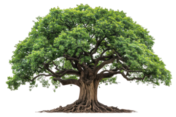 A large, green tree with sprawling branches stands tall. Its leaves are lush and vibrant, signifying life and growth.