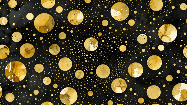 abstract geometric black gold pattern. watercolor illustration with circles and dots
