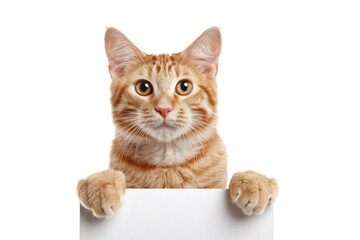 Adorable Ginger Kitten Holding Blank White Sign Isolated on White Background