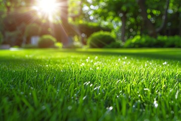 Naklejka premium Closeup of a meticulously manicured lawn, detailed grass blades, bright sunlight, high resolution, perfect landscaping, stock photo