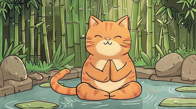 Orange cat in cartoon style sitting in yoga pose in the middle of bamboo forest near the river. The cat has eyes closed and is smiling.