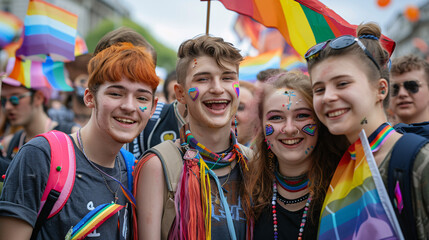 Group of friends smiling and showing support with Pride-themed signs and flags