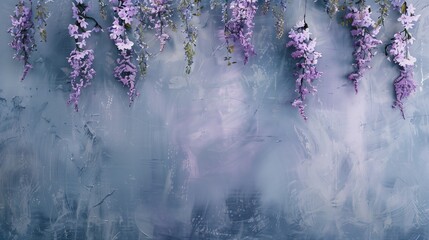 A light blue paint on the wall with fresh flowers hanging down.