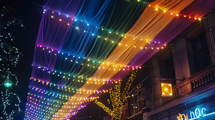Obraz premium City landmarks decorated with rainbow lights and Pride banners at night