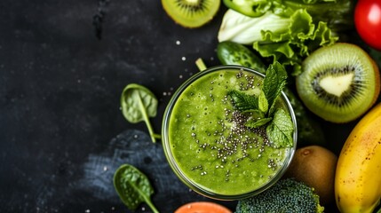 Green detox smoothie in a glass, surrounded by fresh vegetables and fruits.