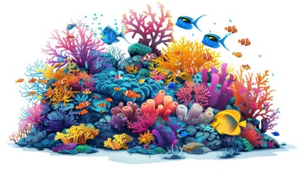 Vibrant Underwater Scene Colorful Fish and Animals Playfully Dabbing Amongst Glowing Coral Reefs