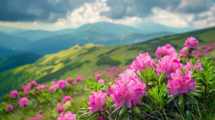 Fototapeta premium A field of pink flowers with a mountain in the background