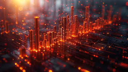 Fototapeta premium A futuristic cityscape emerges from a circuit board, illuminated by glowing orange lights, symbolizing the integration of technology and urban development.