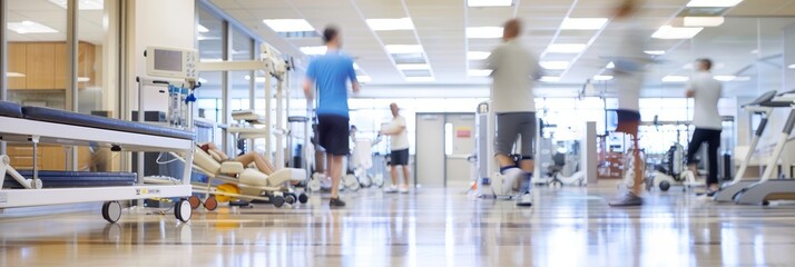 A group of people exercising in a gym with various equipment under the guidance of a physical therapist