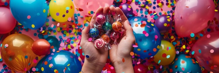 A close-up of hands holding a lollipop in front of a colorful bunch of balloons and confetti - Powered by Adobe