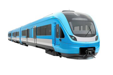 Blue modern commuter train on transparent background