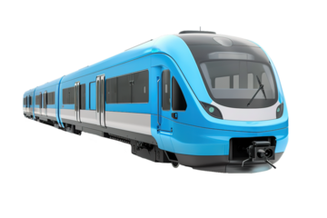 Blue modern commuter train on transparent background