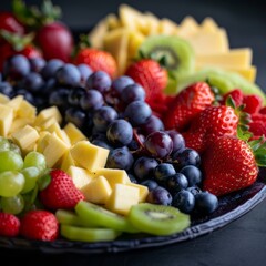 Top view of fresh summer fruits and berries on cheese plate.