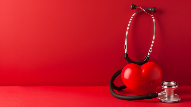 Red heart shape exercise ball with doctor physician's stethoscope on red background, hospital life insurance concept, world heart health day. doctor day, world hypertension - Powered by Adobe