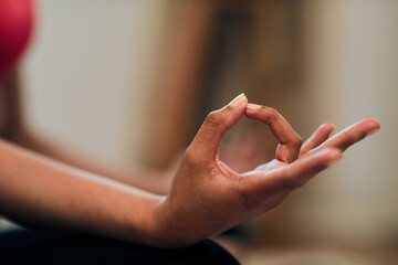 Hand, woman and zen for meditation for fitness, exercise and spiritual inner peace in home....