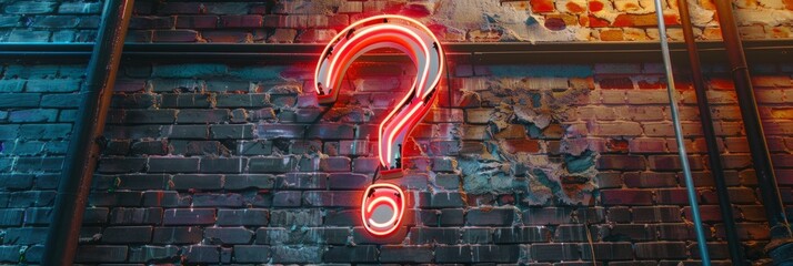 A low-angle view of a neon question mark sign brightly lit against a brick wall, creating a bold contrast - Powered by Adobe