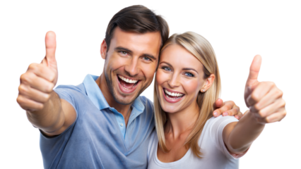 Thumbs Up Couple – Close Portrait: A happy couple giving thumbs up, isolated on a white background.
