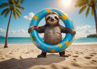 Obraz premium Paresseux sur la plage avec une bouée gonflable