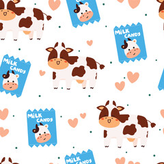 seamless pattern cartoon cow with milk candy. cute animal wallpaper for textile, gift wrap paper