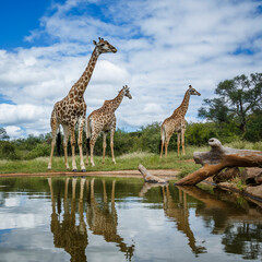 Three Giraffes along waterhole with reflection in Kruger National park, South Africa ; Specie Giraffa camelopardalis family of Giraffidae