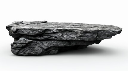 Black rock product podium with a rugged texture, isolated on white background, ideal for bold and powerful product presentations, minimalistic design