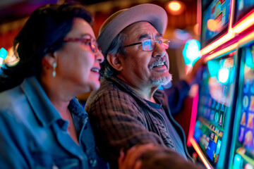 Elderly couple enjoying a night out at a casino, playing slot machines together.