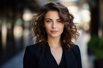 Naklejka premium Portrait of a beautiful young brunette woman with curly hair.