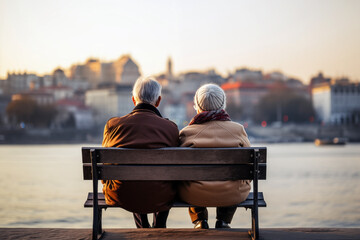 Elderly couple sitting on a bench in the city at sunset
