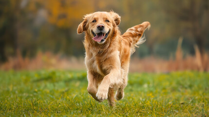 Golden Retriever dog plays and runs in a park an open field with green grass.