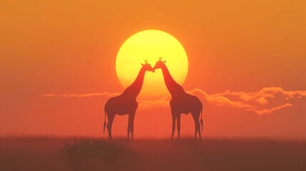 A giraffe family stand in the savannah against the backdrop of the red sun at sunset.