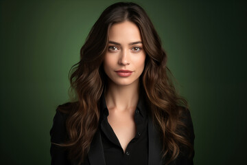 Portrait of a beautiful young woman on a dark green background.