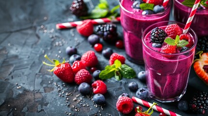 Smoothie with fresh berries in a glass, vibrant fruits and straws around it.