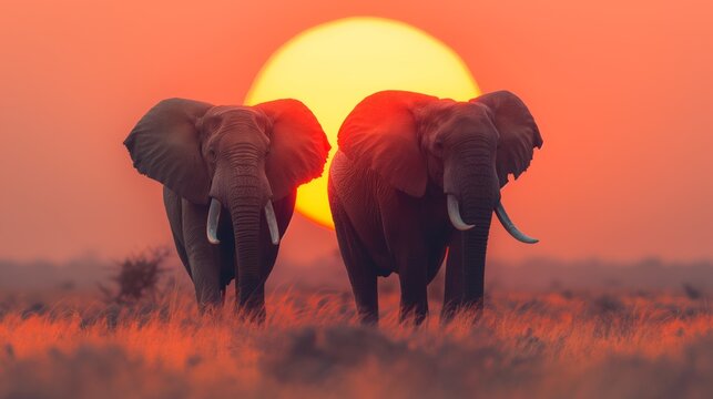 Elephants family walks through the savannah against the backdrop of the orange sun at sunset..