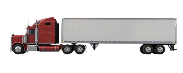 Side view of red semi truck with large trailer on transparent background