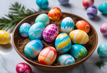 Fototapeta premium A bowl filled with tie-dyed Easter eggs on a marble table