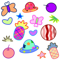 Fototapeta premium cute doodle cartoon lines hat shape, star, fruit