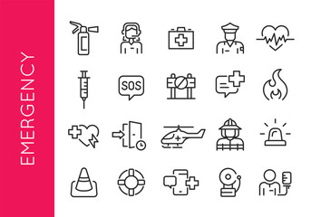 Emergency Services icons. Set of 20 modern minimalist icons dedicated to various emergency situations and responses. Includes symbols for first responders and safety equipment. Vector illustration.