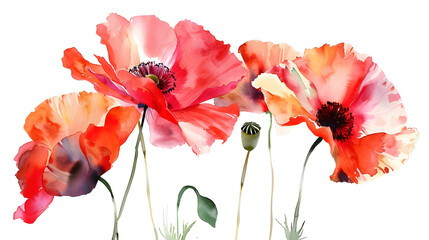 Red watercolor poppies. Floral background.