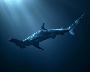 Obraz premium Illustrate the haunting beauty of a solitary hammerhead shark gliding through the deep blue ocean depths, its distinctive silhouette unmistakable