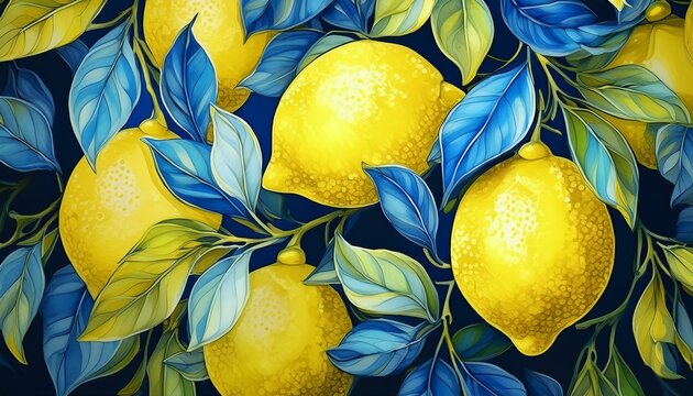 Digital yellow and blue lemon pattern illustration poster web page PPT background